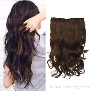 Wholesale Soft Long 24 inch Brown Black Heat Resistant Fiber Wavy Clip in Hair Extension One Piece Synthetic Hair Extensions